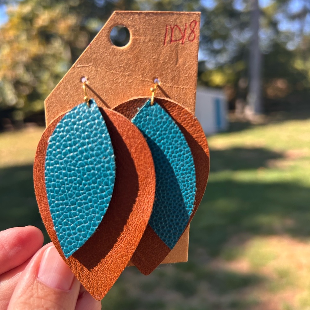 Brown and Blue Leaf shaped Leather Earrings